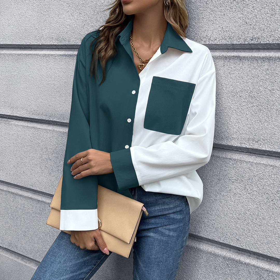 Damen Elegante Oversized Bluse mit Kontrastpaten R&B