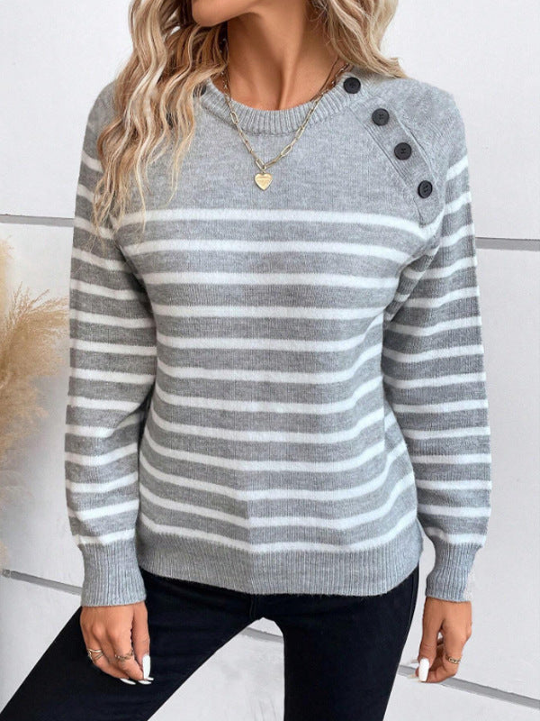 Damen gestreifter Pullover mit dekorativen Knopfdetails und Rundhalsausschnitt R&B