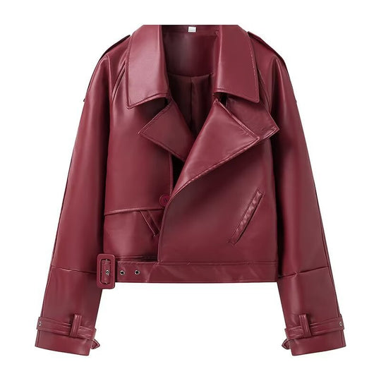 Damen cropped Kunstlederjacke mit Finish und asymmetrischem Kragen R&B