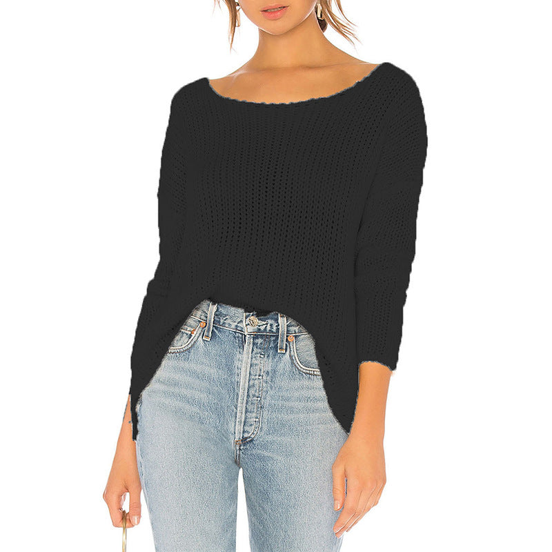 Damen lockerer Strickpullover mit weitem Schnitt und Rundhalsausschnitt R&B
