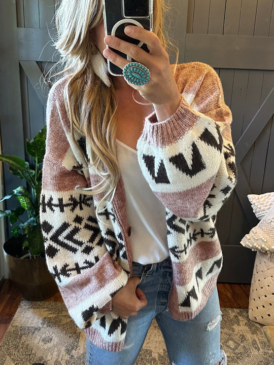 Damen gemütliche Strickjacke mit dekorativem Ethnomuster und offenem Schnitt R&B