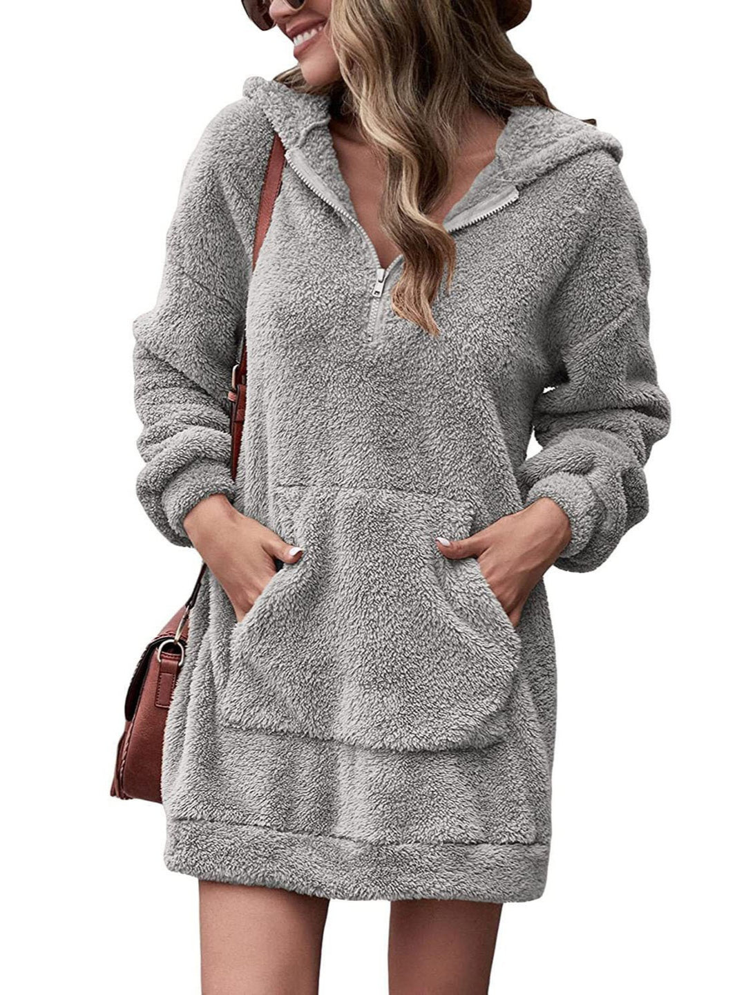 Damen Kuscheliger Hoodie-Kleid mit praktischen Taschen und halben Reißverschluss R&B