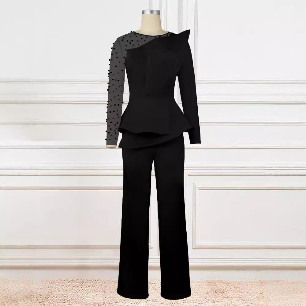 Damen Eleganter Jumpsuit mit transparenten Puffärmeln und tiefem V-Ausschnitt R&B