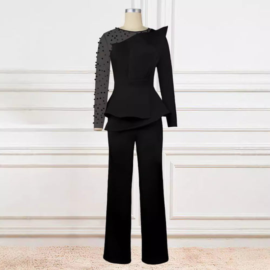Damen Eleganter Jumpsuit mit transparenten Puffärmeln und tiefem V-Ausschnitt R&B