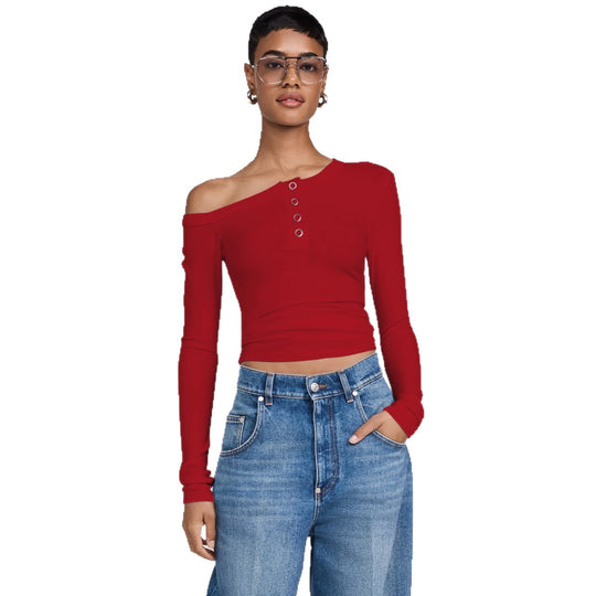 Damen asymmetrisches Langarmshirt mit Knopfleiste und figurbetontem Schnitt R&B