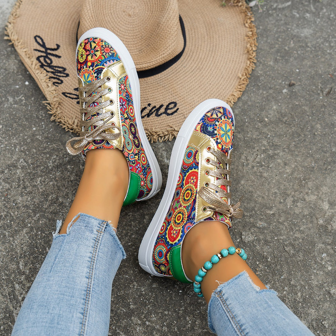 Damen Moderne Sneakers mit buntem Muster und glänzenden Schnürsenkeln R&B