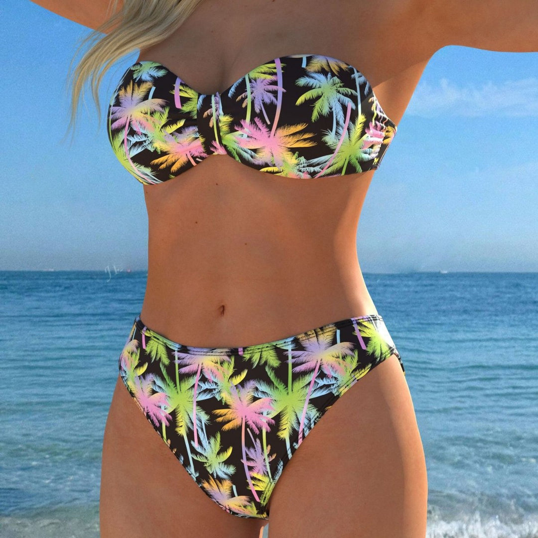 Damen Bandeau-Bikini mit farbenfrohem Palmenmuster und hohem Taillenschnitt R&B