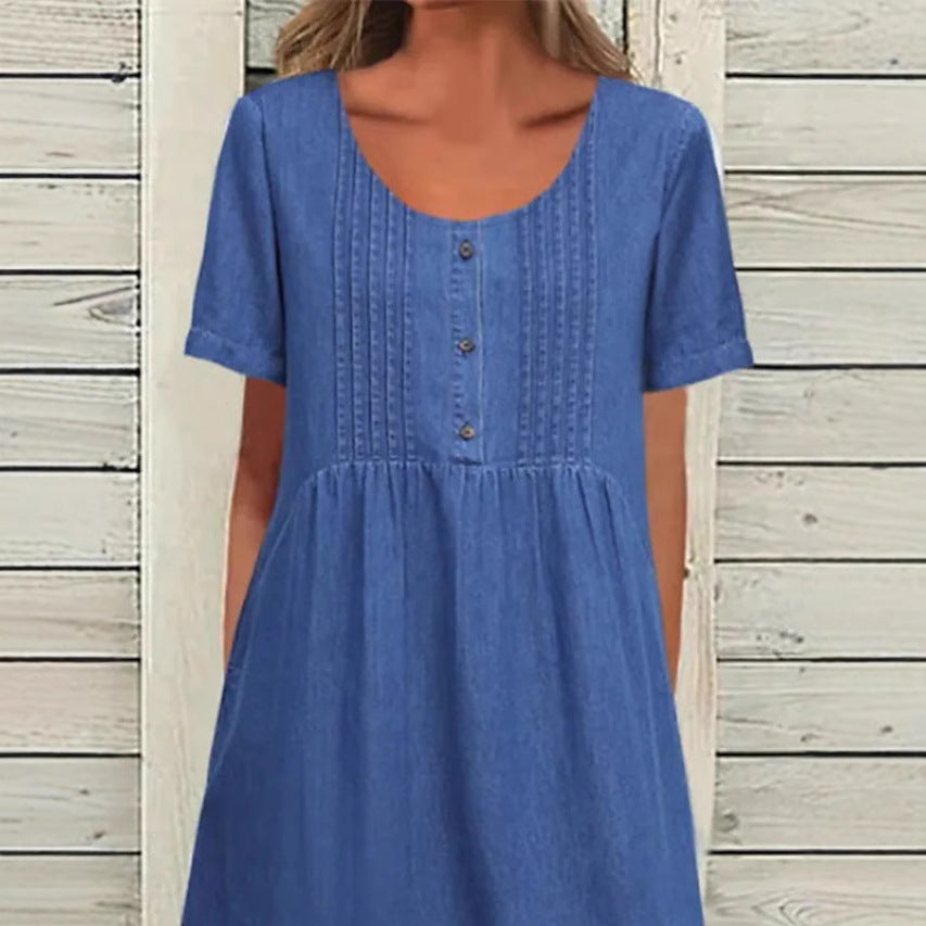 Damen nan locker sitzendes Midikleid im Denim-Look mit Rundhalsausschnitt, Brustbiesen und seitlichen Eingrifftaschen R&B