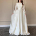 R&B | Durchsichtiges Weißes Hochzeitskleid Rundhalsausschnitt Lange Ärmel Kleid