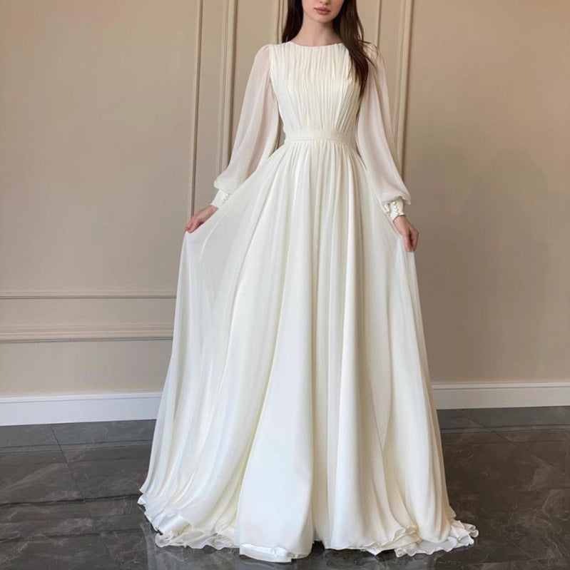 R&B | Durchsichtiges Weißes Hochzeitskleid Rundhalsausschnitt Lange Ärmel Kleid