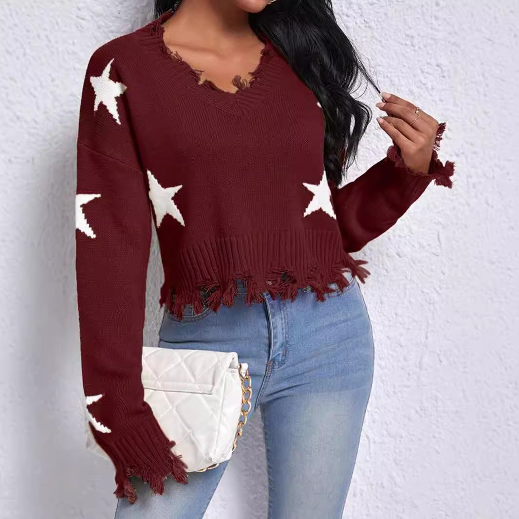 Damen modischer Sweatpullover mit Sternenmotiv und ausgefranstem Saum R&B