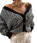 Damen Strick-Cardigan mit modernem geometrischen Muster und praktischen Taschen R&B