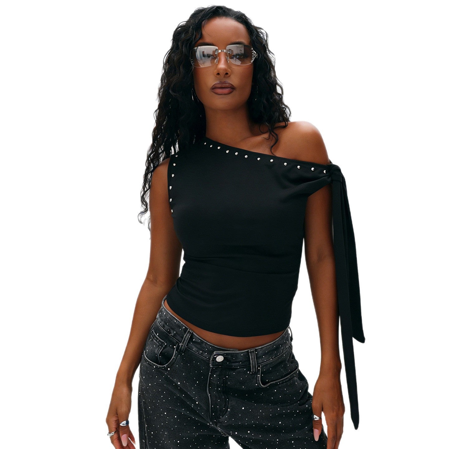 Damen Elegantes One-Shoulder Top mit dekorativen Steinen R&B