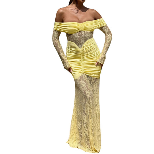 Damen Elegantes schulterfreies Maxikleid mit gerafftem Design und langen Ärmeln R&B