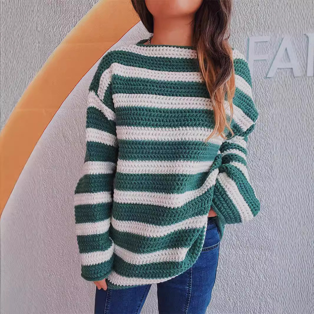 Damen lässiger Strickpullover mit blockierendem Streifenmuster und weitem Schnitt R&B