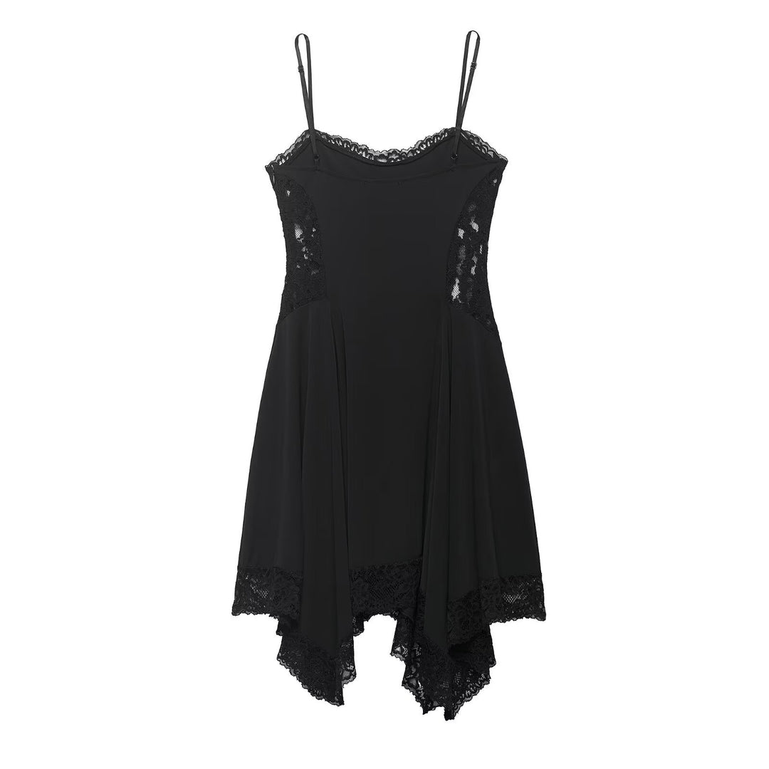 Damen Spitzen- und Satin-Kleid mit asymmetrischem Saum und verstellbaren Trägern R&B