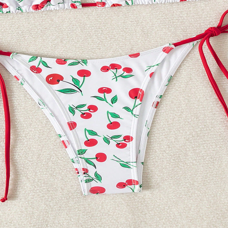 Damen Triangel-Bikini mit Krawattenverschluss und verspieltem Kirschdesign R&B