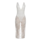 Damen Spitzenkleid mit tiefem V-Ausschnitt und transparenten Einsätzen R&B