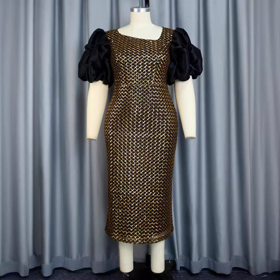 Damen Abendkleid mit strukturiertem Oberteil und voluminösen Puffärmeln R&B