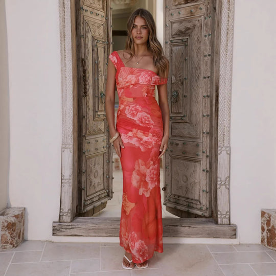 Damen Wickel-Maxikleid mit floralem Muster und elegantem Chiffon-Stoff R&B