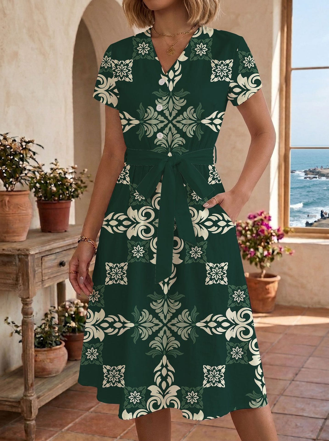 Damen Sommerliches Kleid mit taillierbarem Bindegürtel und floralem Muster R&B