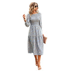 Damen Florales Midi-Kleid mit Geraffter Taille und Langen Ärmeln R&B