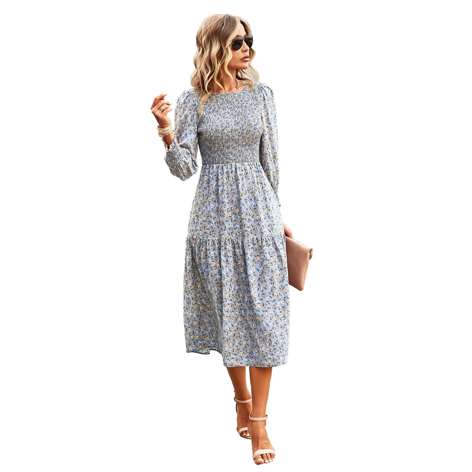 Damen Florales Midi-Kleid mit Geraffter Taille und Langen Ärmeln R&B