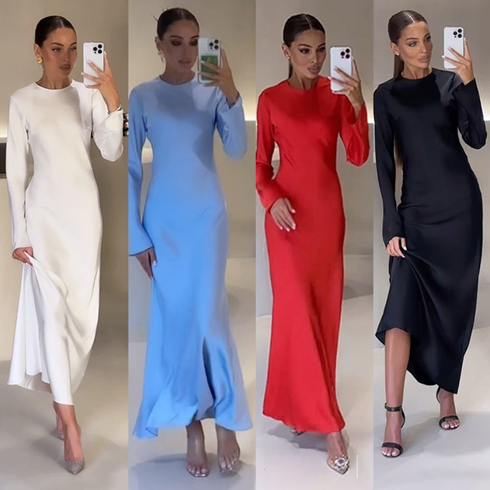 Damen elegantes Maxikleid mit schickem Stehkragen und langem Schnitt R&B
