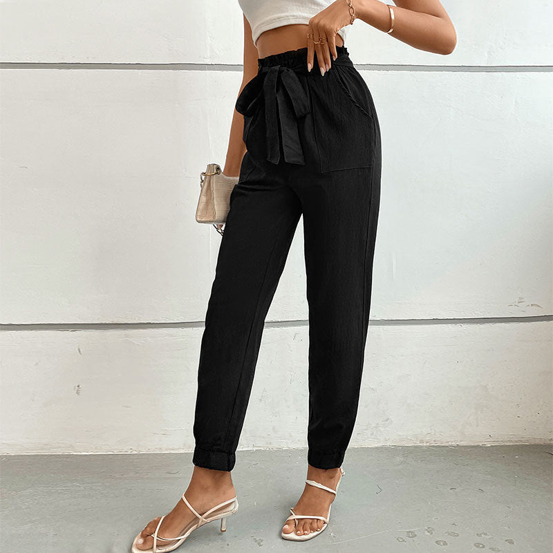 Damen lässige Stoffhose mit elastischem Bund und Bindegürtel R&B