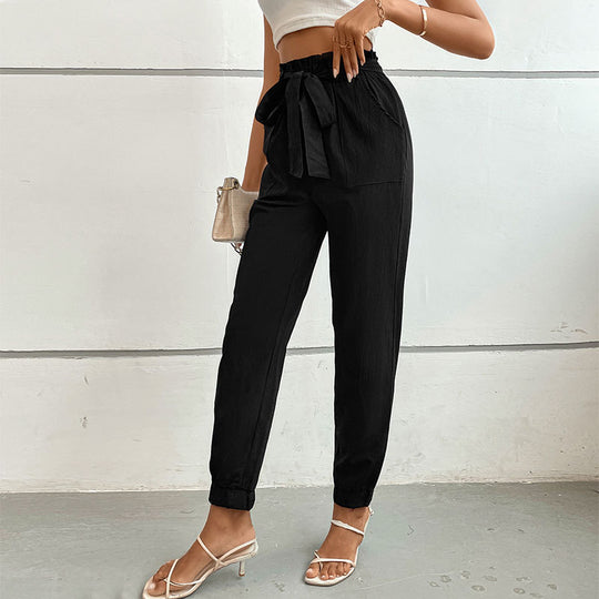 Damen lässige Stoffhose mit elastischem Bund und Bindegürtel R&B