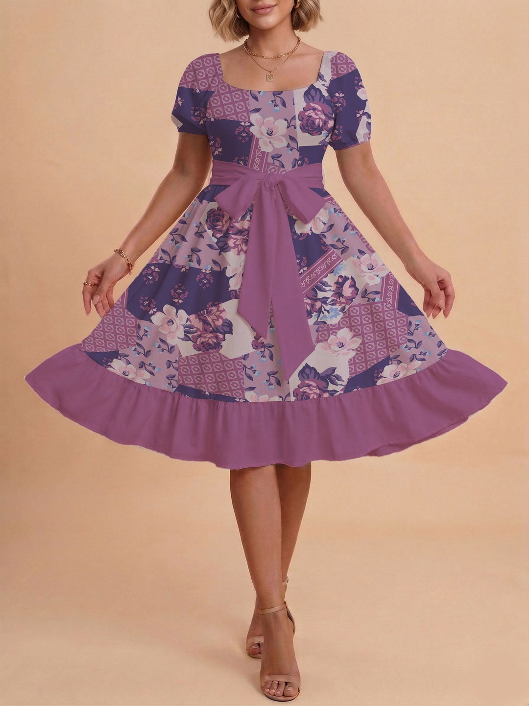 Damen Retro Maxikleid mit Puffärmeln und Taillengürtel R&B