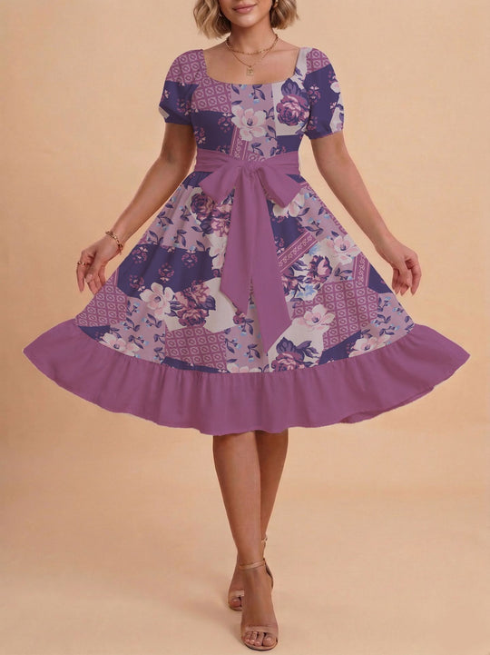 Damen Retro Maxikleid mit Puffärmeln und Taillengürtel R&B