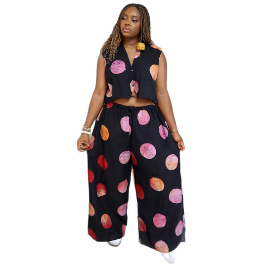 Damen Set mit kurzärmeliger Bluse und weiten Hosen mit Punktedesign R&B