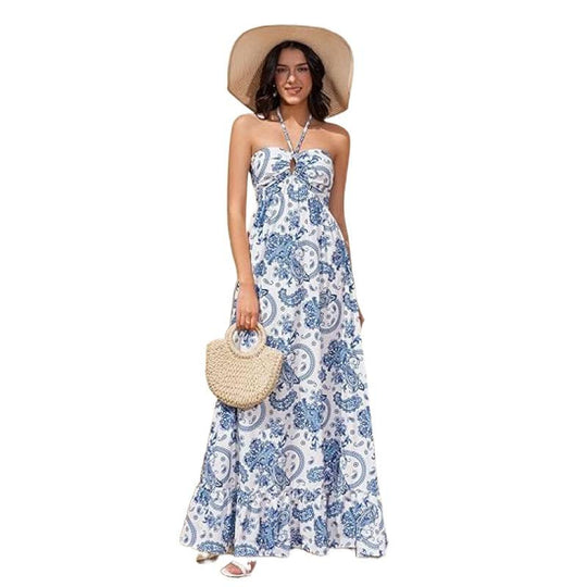 Damen Maxikleid im zeitlosen Paisleymuster mit schulterfreiem Design und voluminösem Saum R&B
