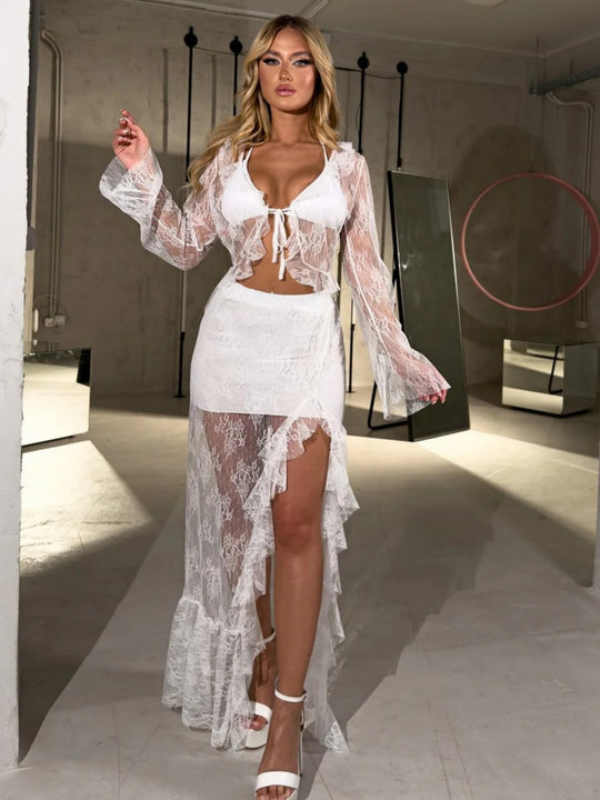 Damen Transparente Bluse mit Rüschenärmel und frechem Bindeband R&B