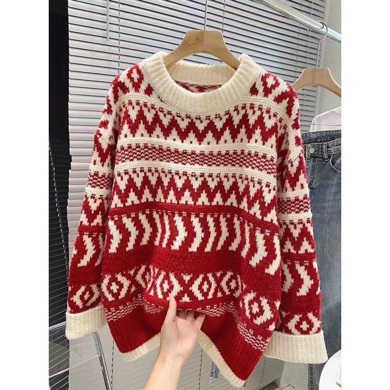 Damen gemütlicher Norwegerpullover mit dekorativem Muster und voluminösen Ärmeln R&B