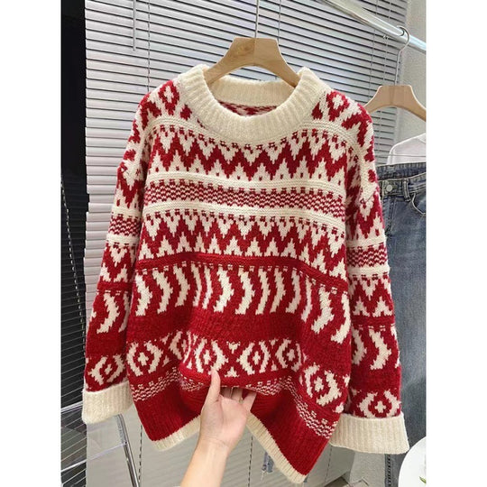Damen gemütlicher Norwegerpullover mit dekorativem Muster und voluminösen Ärmeln R&B
