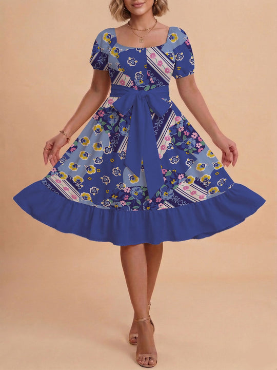 Damen Retro Maxikleid mit Puffärmeln und Taillengürtel R&B