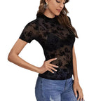 Damen nan figurbetontes Meshshirt mit Samtflock-Blüten und hohem Rundhalsausschnitt R&B