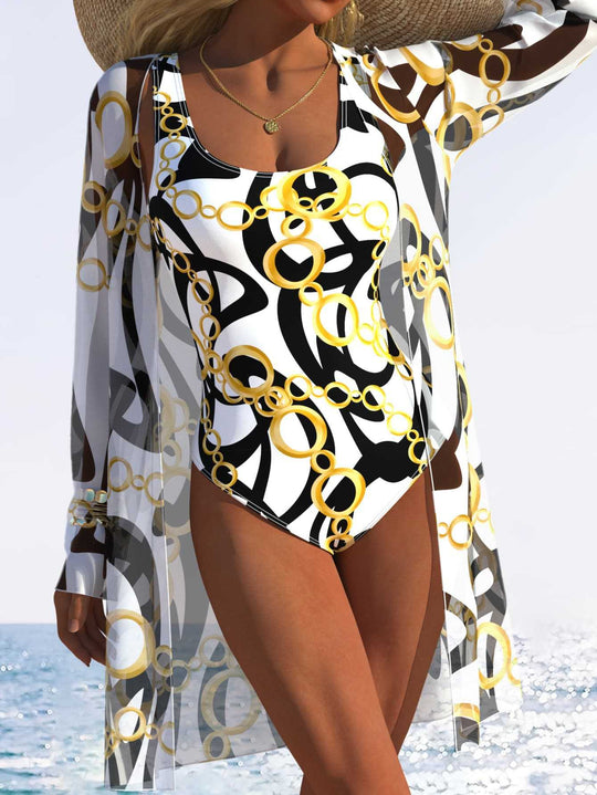 Damen eleganter Einteiler Badeanzug mit transparentem Überwurf und modernem Ringdesign R&B