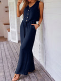 Damen Jumpsuit mit Knopf und weitem Bein R&B