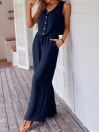 Damen Jumpsuit mit Knopf und weitem Bein R&B