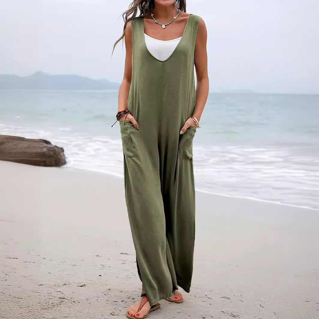 Damen Lässiger weite Jumpsuit mit V-Ausschnitt und praktischen Taschen R&B