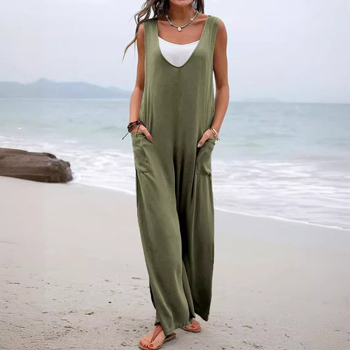 Damen Lässiger weite Jumpsuit mit V-Ausschnitt und praktischen Taschen R&B