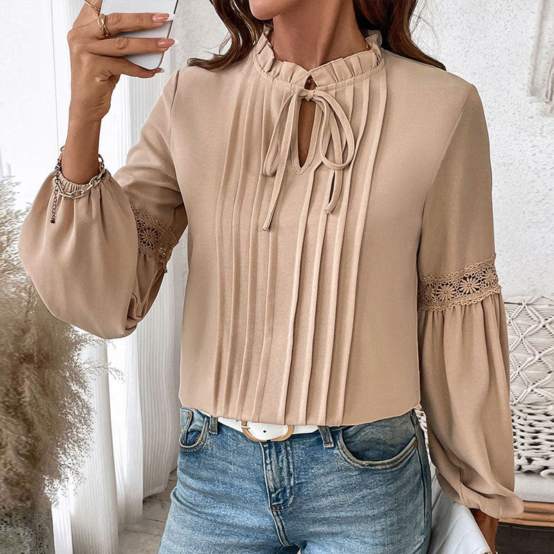 Damen Bluse mit feinen Falten und Spitze R&B