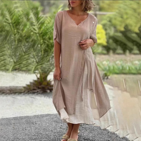 Damen nan zweilagiges Lagenkleid mit asymmetrischem Saum und Zierknopfleiste R&B