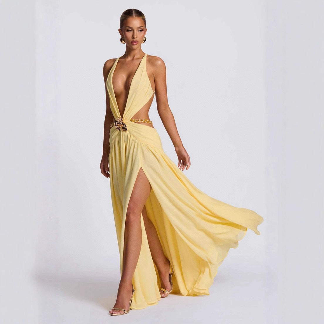 Damen Maxikleid mit tiefem V-Ausschnitt und elegantem Wickeldesign R&B