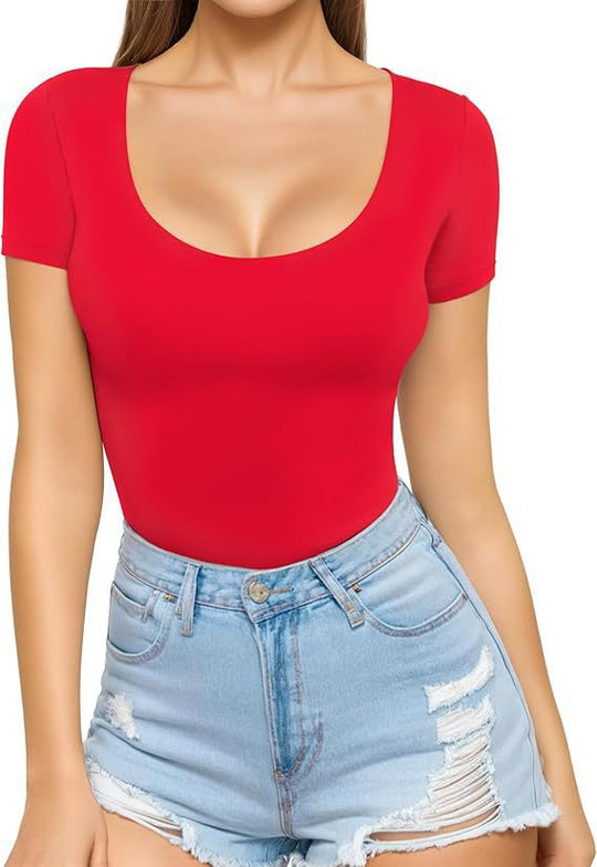 Damen figurbetontes Kurzarm-Body mit rundem Ausschnitt und nahtlosem Design R&B