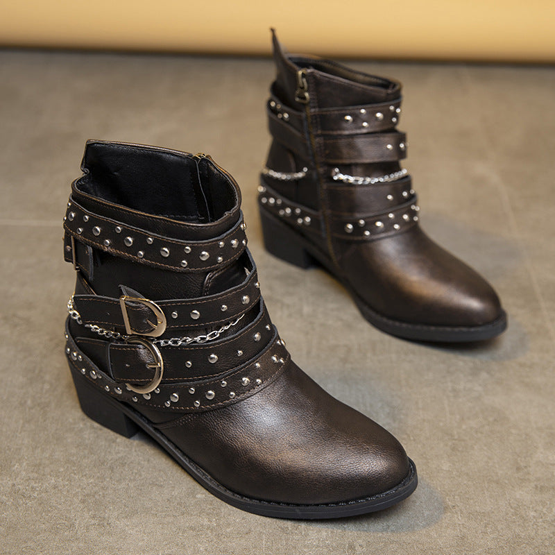 Damen modische Stiefeletten mit verzierten Riemen und Kettenelementen R&B