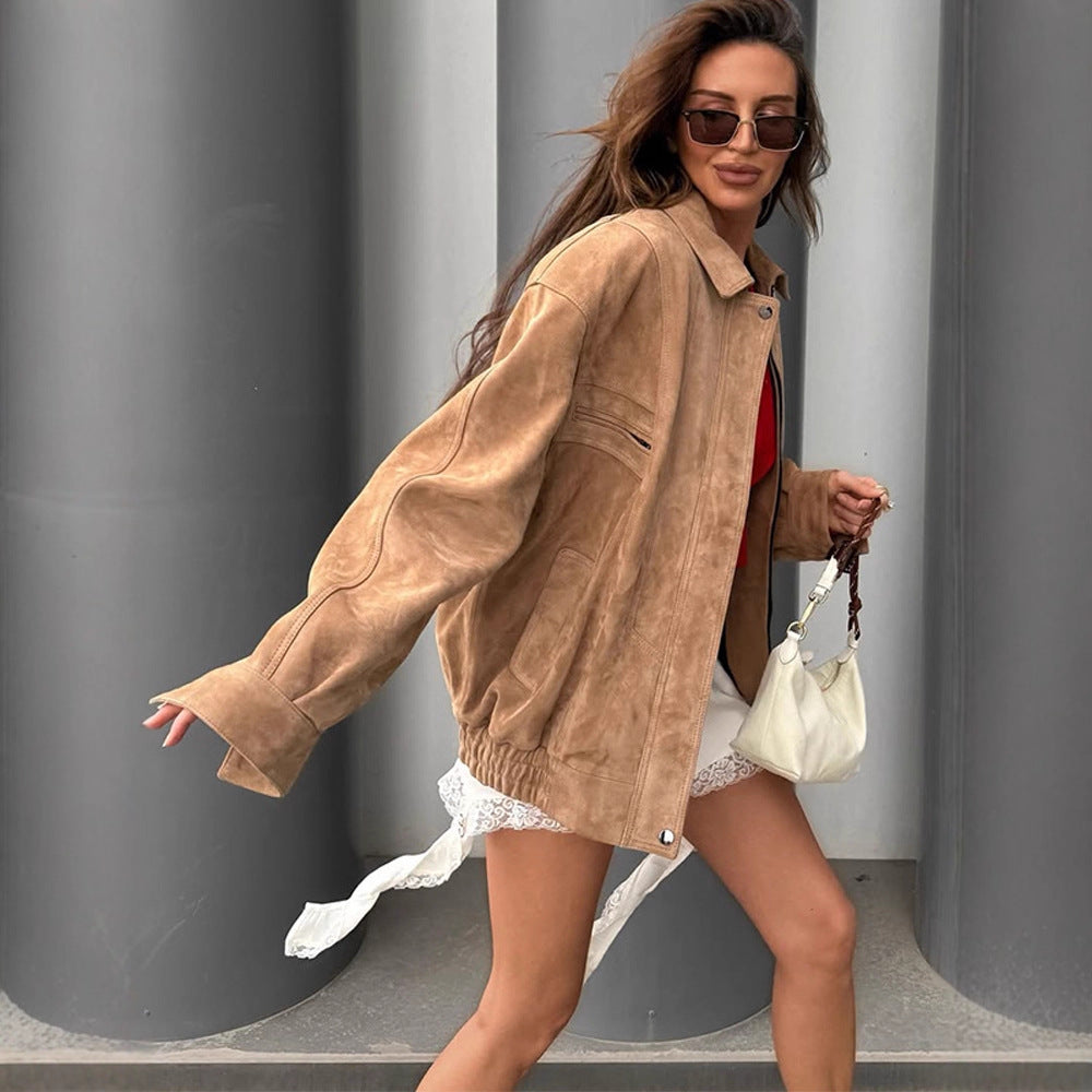 Damen Oversized Wildlederjacke mit großen Taschen und lässigem Schnitt R&B